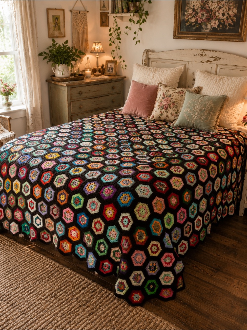 Hand crafted Crochet Hexagon Granny Squares scrappy (leftover yarn) bed spread